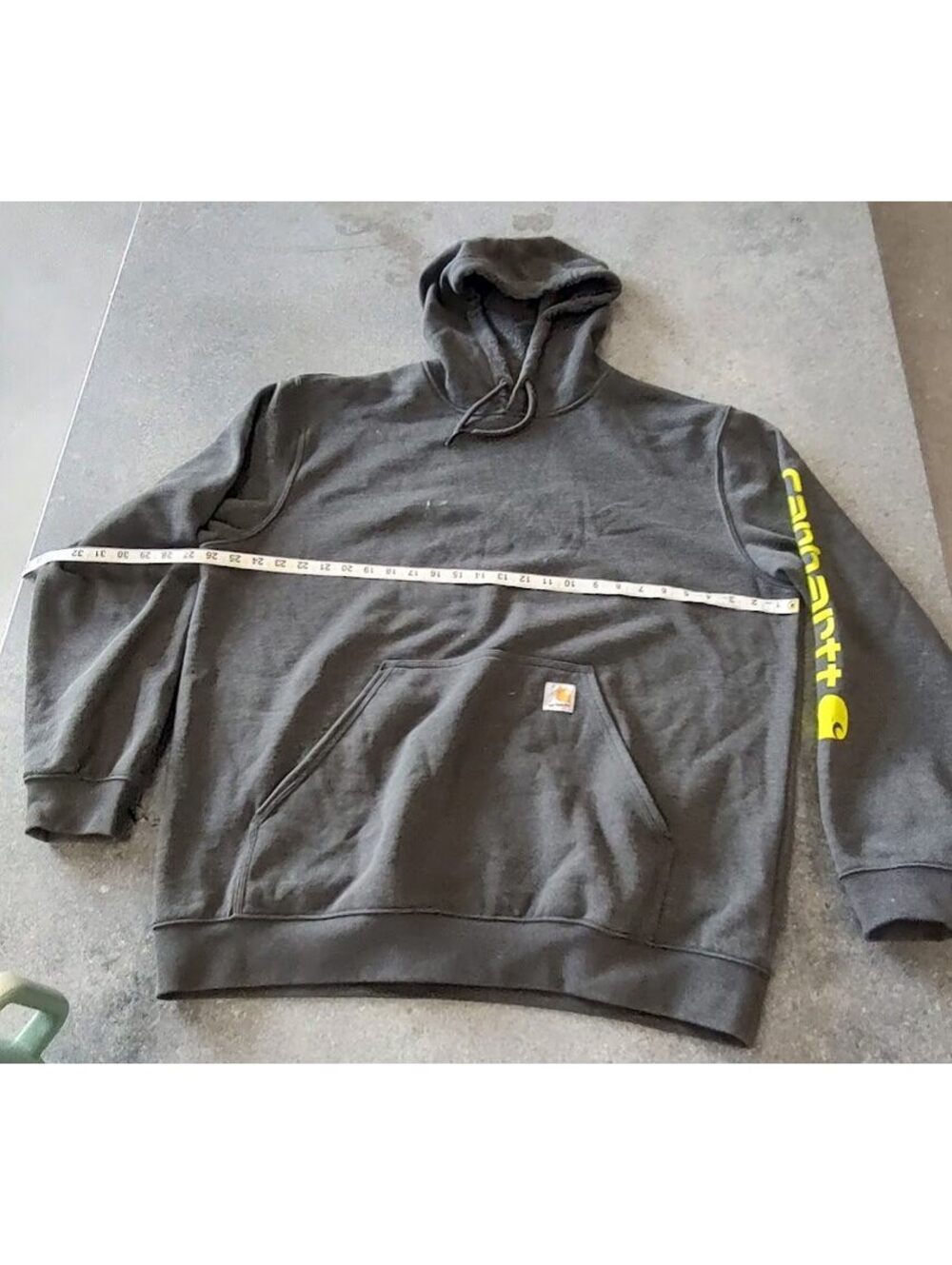 Charcoal Gray Carhartt XL Loose Fit Gray Hoodie with Yellow Sleeve Logo